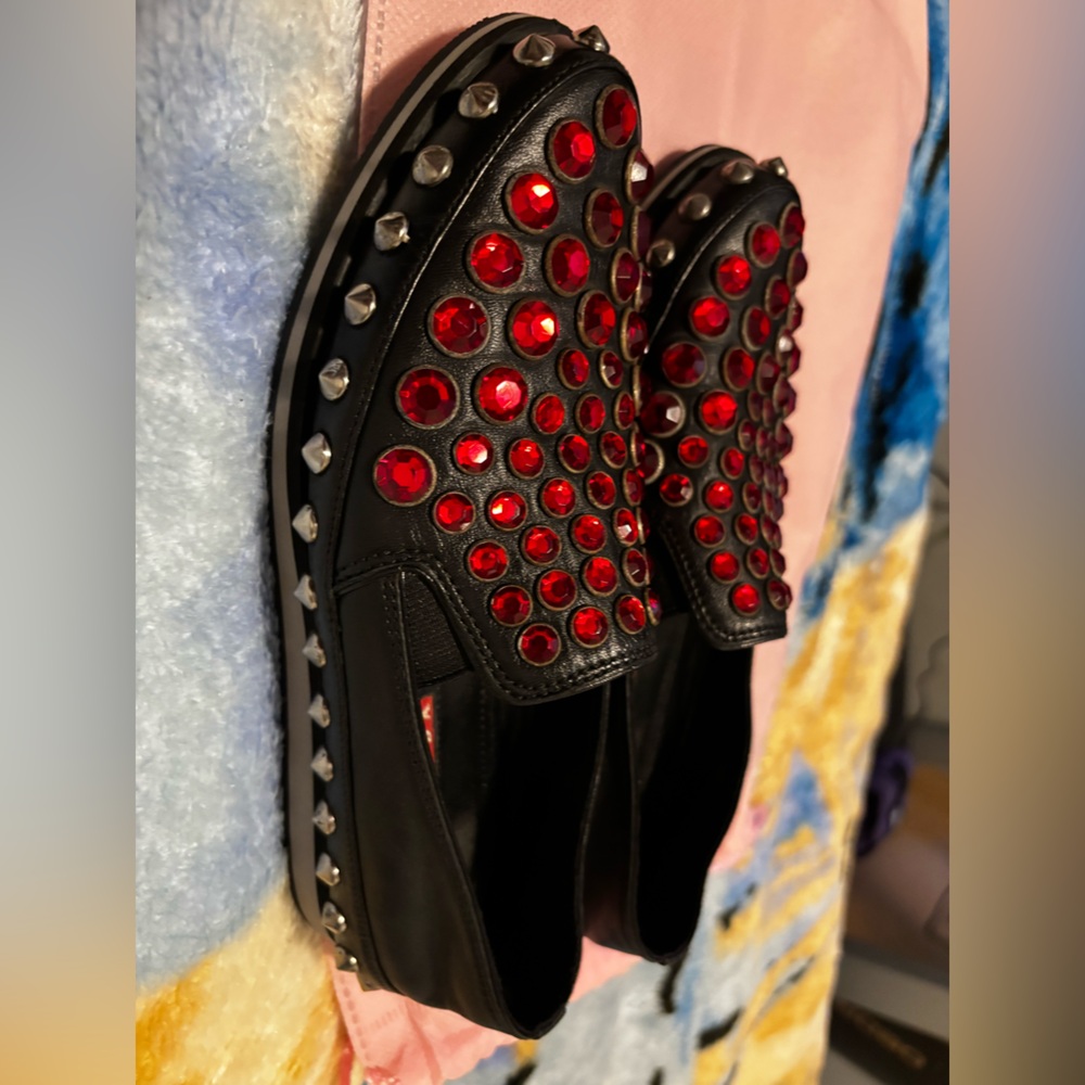 PRADA, Studded Black Crystal’s RED ❤️Leather slip Shoes size (36-5)6-1/2
